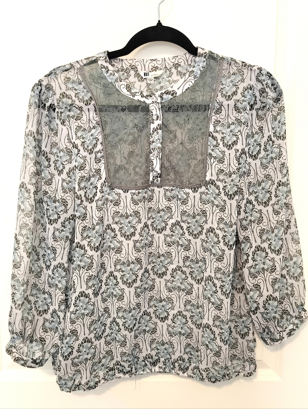 KUT from the Kloth Jasmine Tunic Women's L Light Blue Floral Lace-Trim Blouse